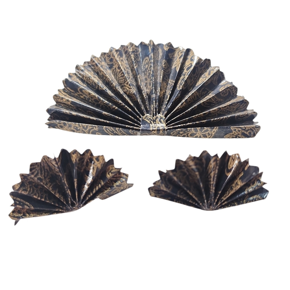 Folded Black and Gold Paper Fan Pin/ Broche And Pierced Earrings Set.